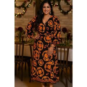 Ashley Stewart Faux Wrap Black/Gold Floral Print Maxi Dress, Size 10/12